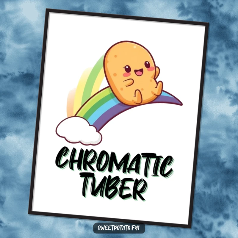 Funny digital art of a sweet potato character gleefully sliding down a rainbow, bringing instant joy and humor.