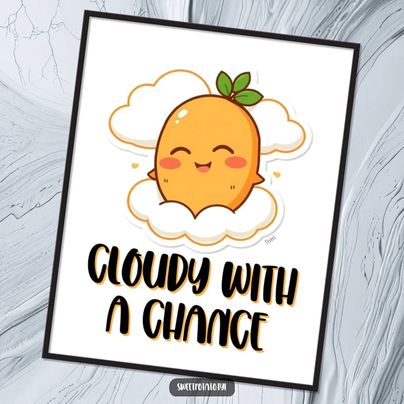 Funny digital art print of a winking sweet potato character joyfully riding a happy cloud, ready to be printed and displayed.
