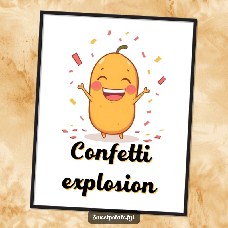 Funny sweet potato character digital art print, throwing confetti with a huge, excited grin, vibrant and celebratory.