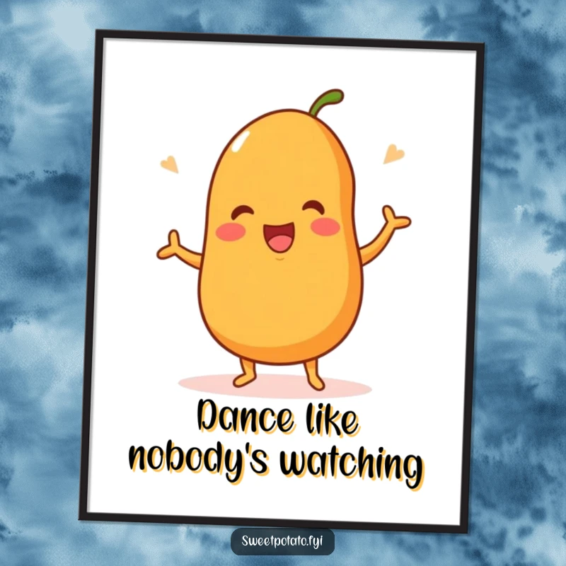 Funny digital art print of a sweet potato character joyfully dancing, bringing instant vibrant energy and humor.