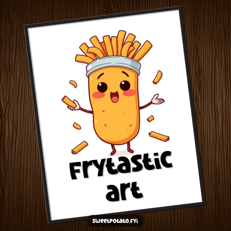 Funny digital art print of a surprised sweet potato character in a comical juggling performance with sweet potato fries, ready to download.
