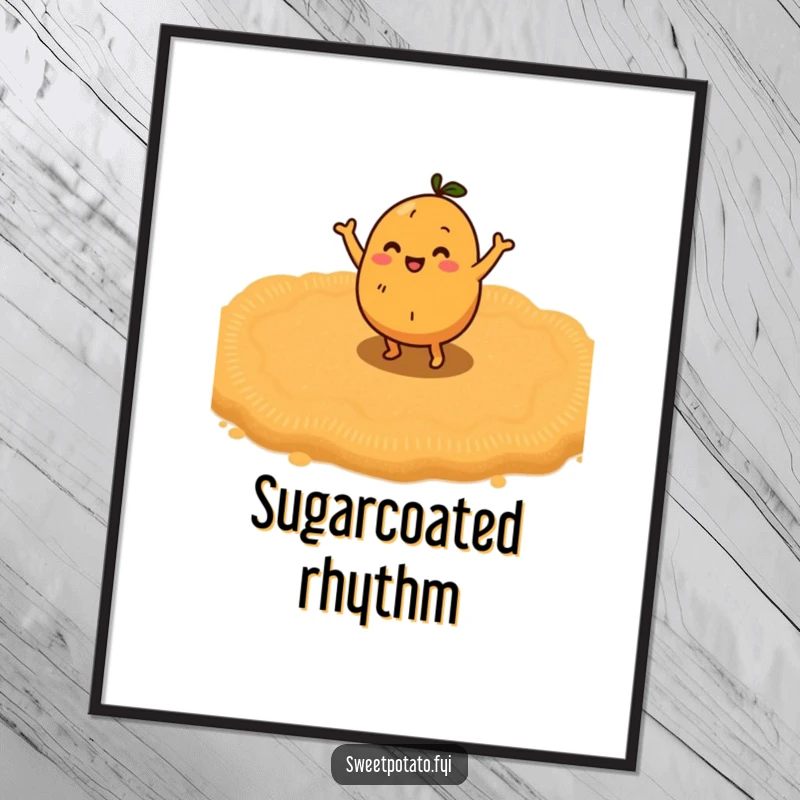 Funny sweet potato character doing a happy little dance on a bed of brown sugar, a joyful and funny digital art piece.