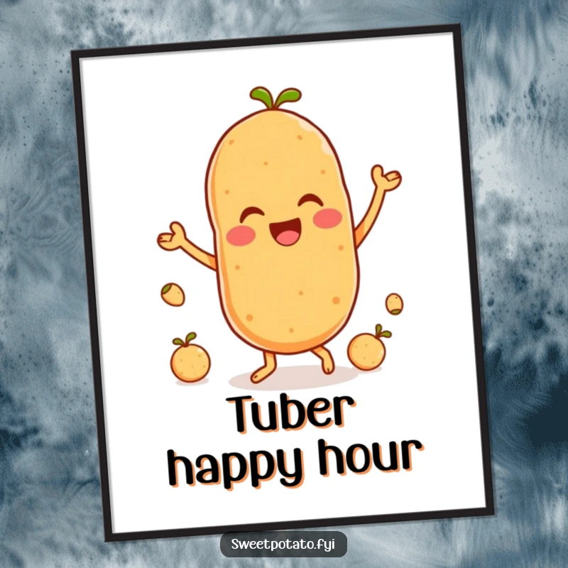 Funny digital art print of a delighted sweet potato character joyfully dancing with several adorable little spuds, full of motion.