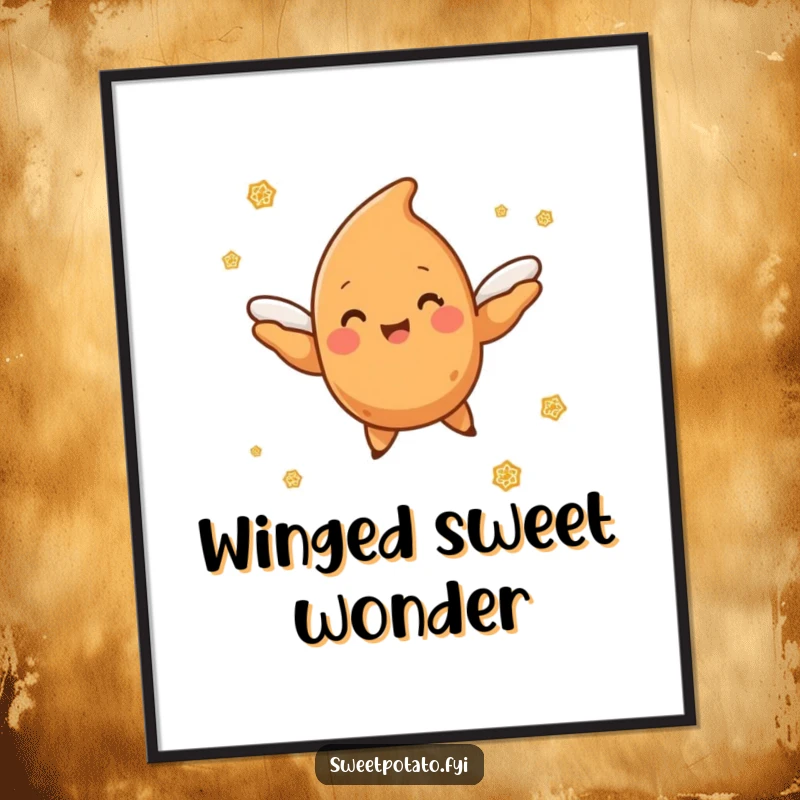 Funny sweet potato character with tiny wings joyfully flying through a cloud of cinnamon sugar, a whimsical digital art piece.