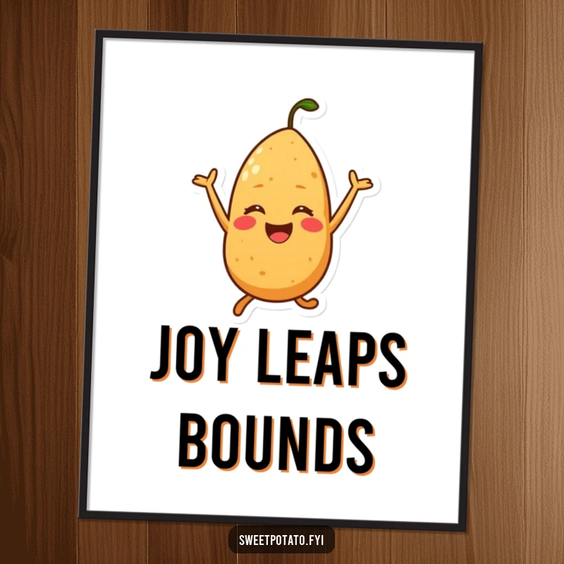 Funny digital art print of a sweet potato character joyfully jumping, conveying happiness and fun.