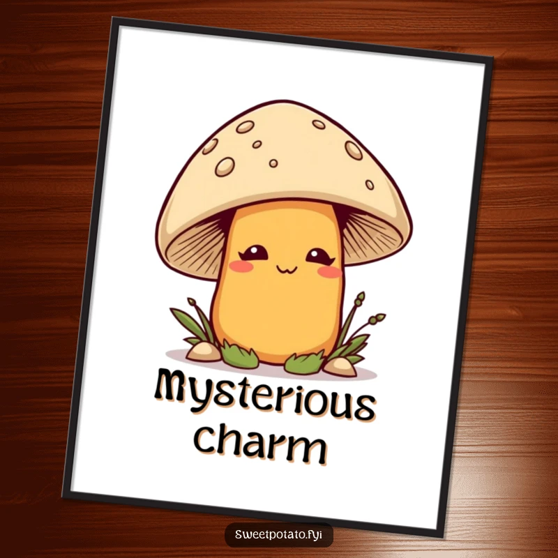 Funny smirking sweet potato character playfully peeking out from behind a mushroom, rendered as instant humorous digital art.