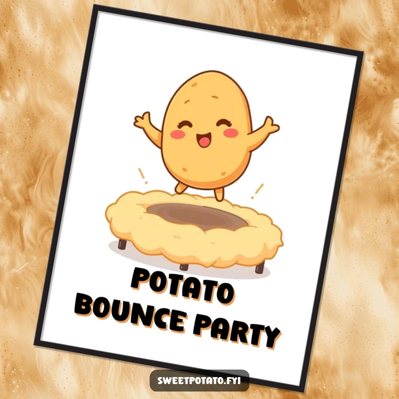 Funny digital art print of a tickled sweet potato character bouncing on a mashed potato trampoline, symbolizing pure comfort and hilarious joy.