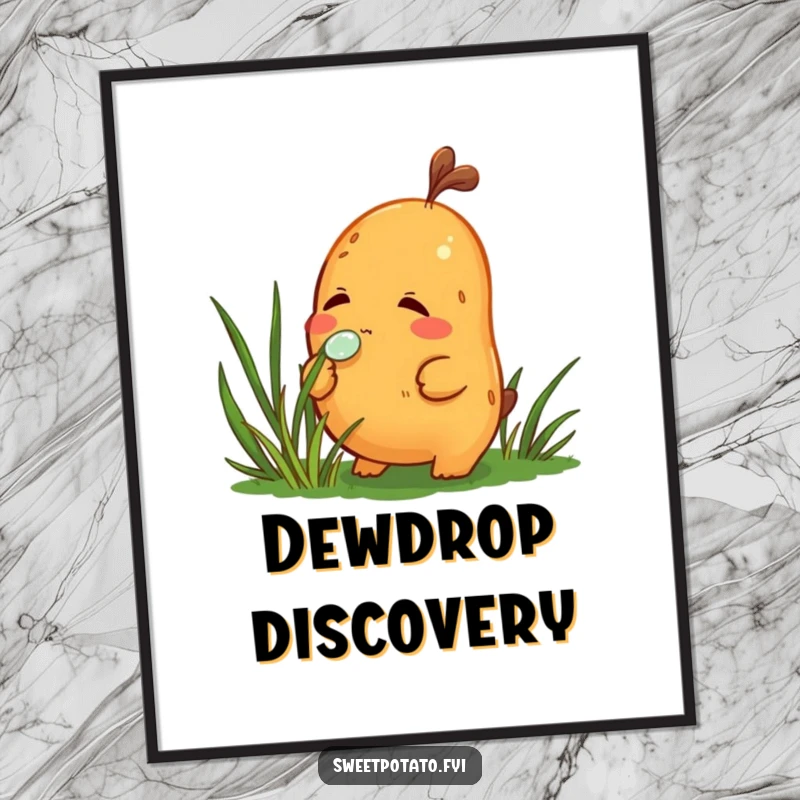 Funny digital art print of a curious sweet potato character delicately sniffing a dewdrop on grass, perfect for serene decor.