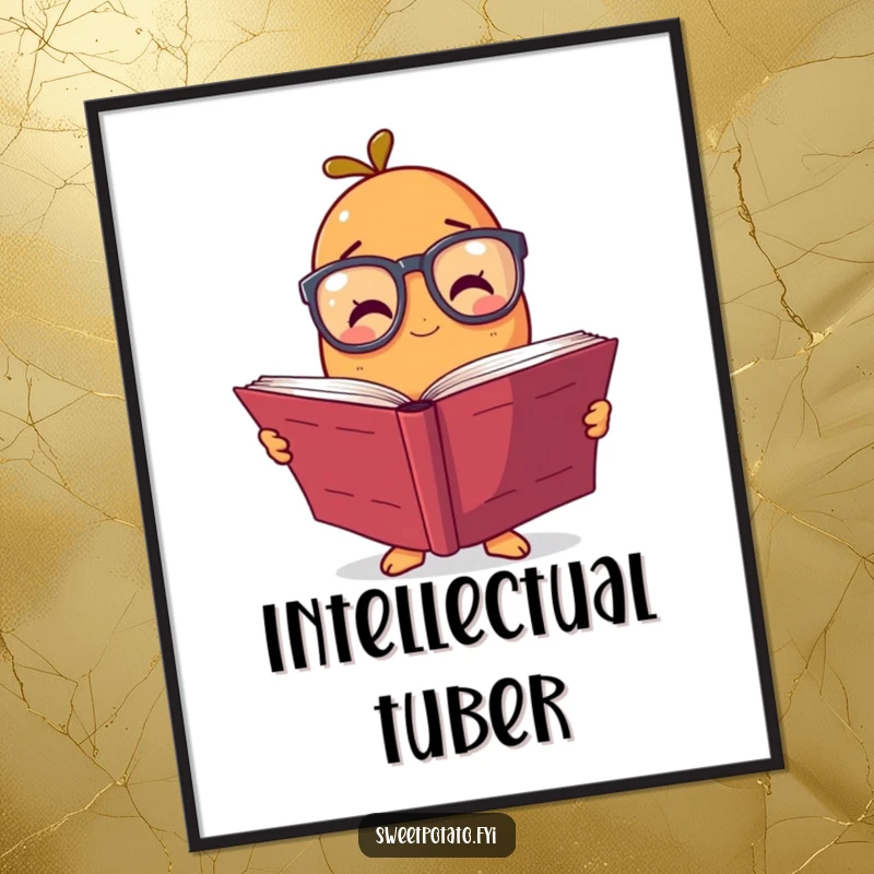 Funny digital art print of a sweet potato character wearing big glasses, reading a huge book, ideal for humorous home decor.