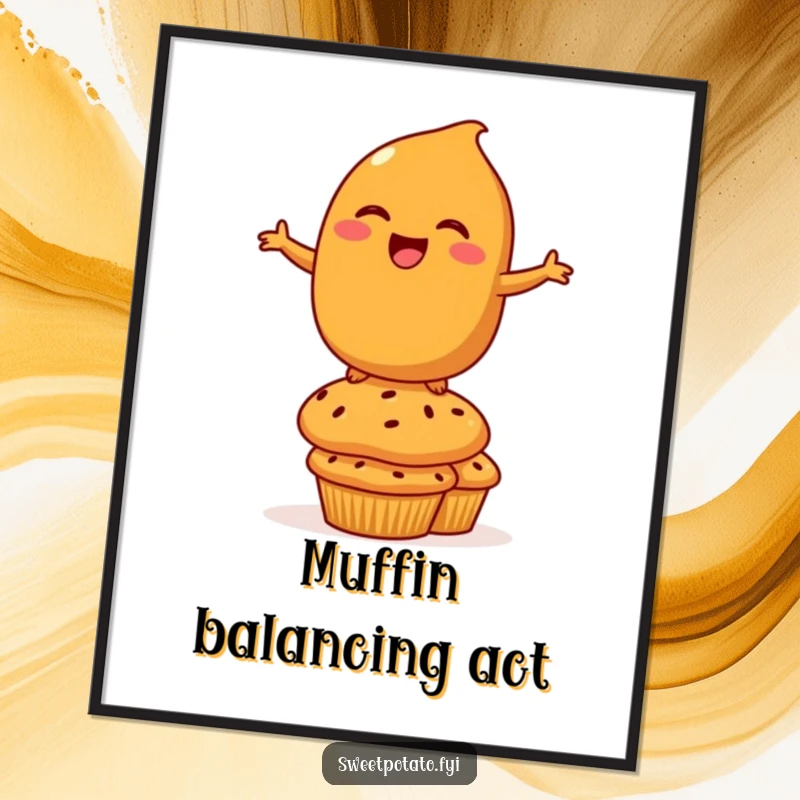Funny Digital Art Print: A high-resolution image of a laughing sweet potato character balancing on muffins, ready for display.