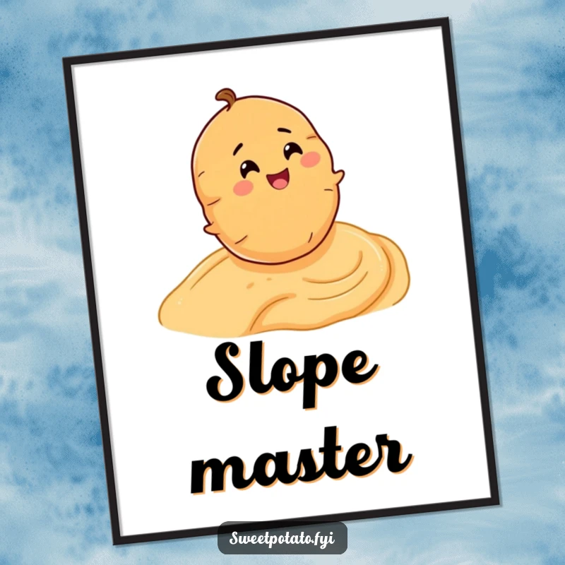 Funny digital art print of a smiling sweet potato character enjoying a blissful roll down a creamy hummus slope.