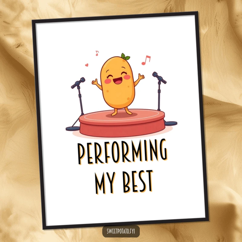 Funny happy sweet potato doing a joyful jig on stage, vibrant digital art for humorous decor.