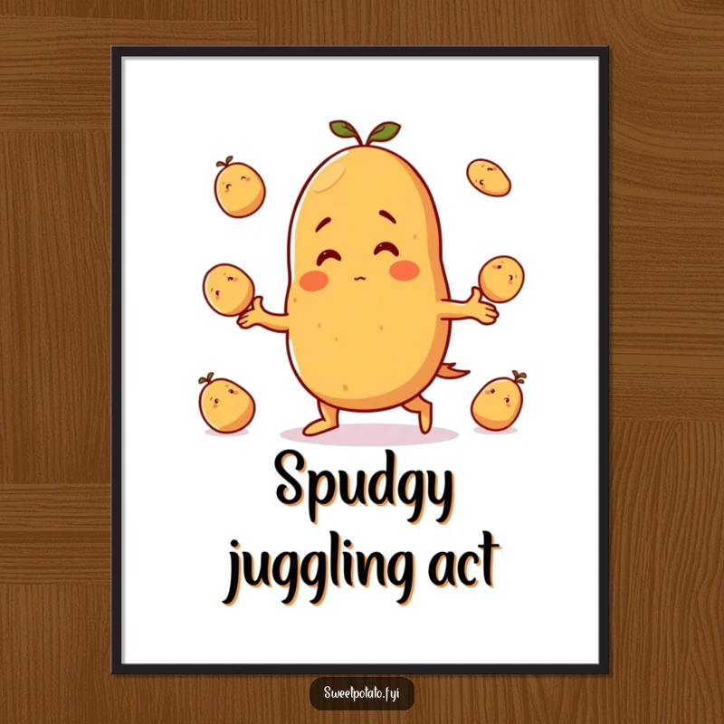 Funny digital art print: A sweet potato character grins widely while skillfully juggling small potatoes, radiating pure playfulness.