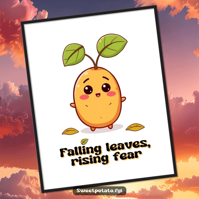 Funny digital art print of a sweet potato character looking surprised as a leaf falls, a humorous digital download.
