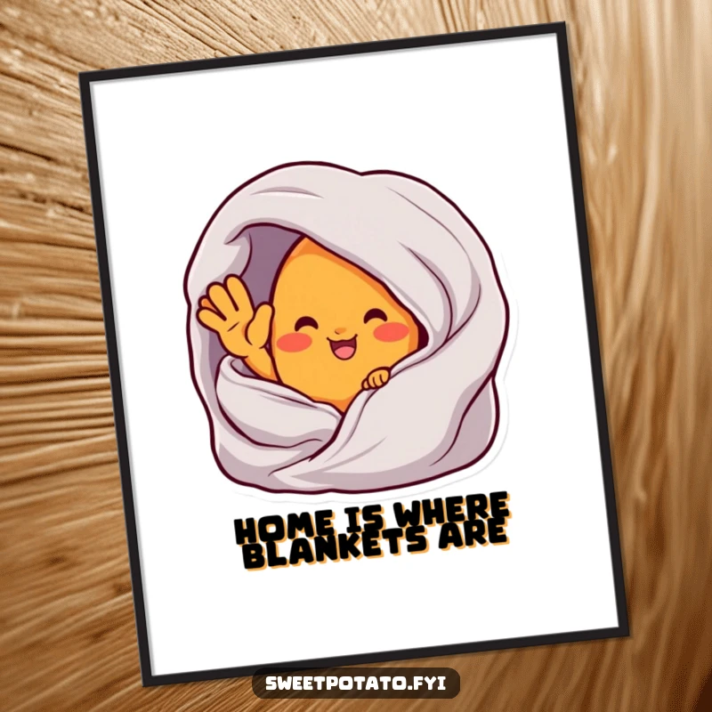 Funny digital art print of a sweet potato character waving from inside a cozy blanket, perfect for a warm decor.