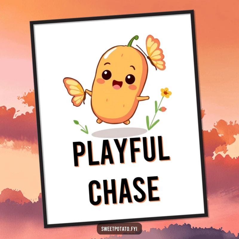 Funny digital art print of a playful sweet potato character chasing a butterfly with a big smile, perfect for cheerful decor.