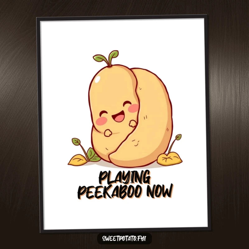 Funny sweet potato character playing hide-and-seek behind a large potato, high-resolution digital art for humorous decor.