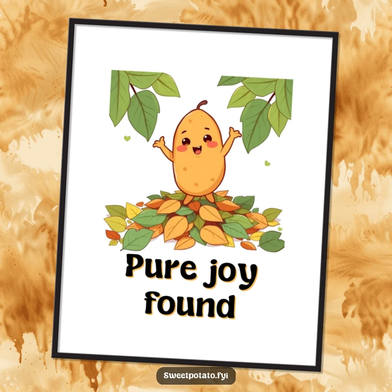 Funny cheerful sweet potato character happily dancing on a pile of leaves, rendered as instant humorous digital art.