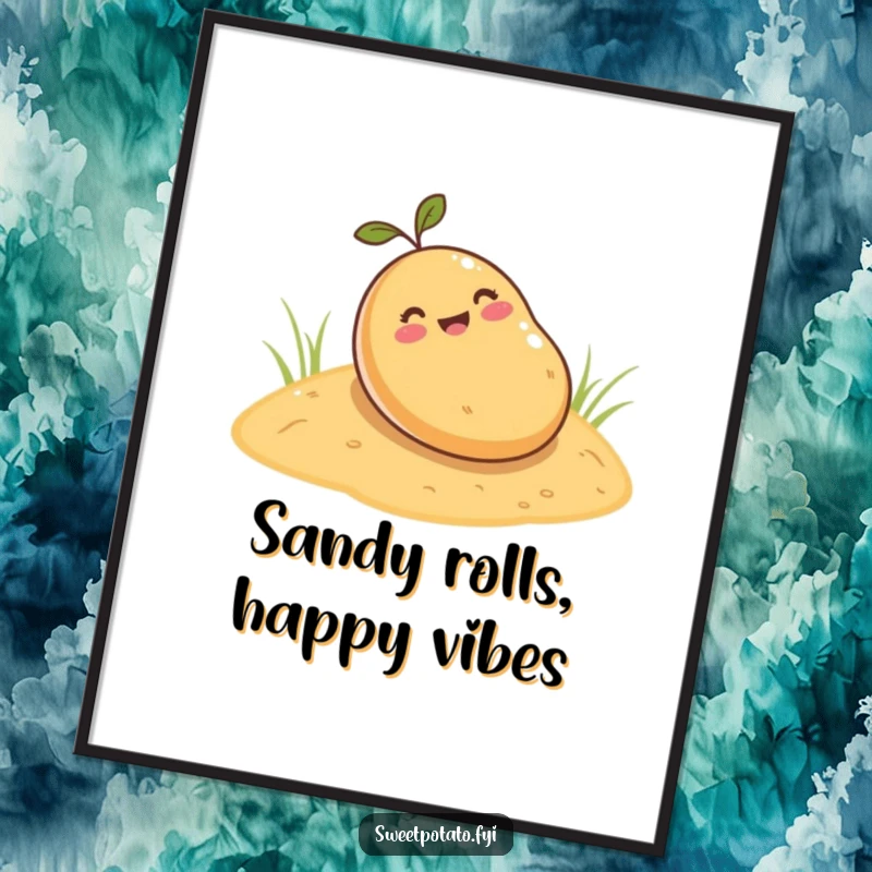 Funny sweet potato digital art print, a cartoon sweet potato happily rolling down a sandy hill, perfect for instant, whimsical wall decor.
