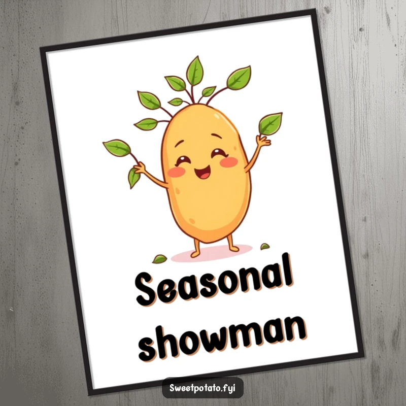 Funny digital art of a smiling sweet potato character juggling leaves, bringing a dose of playful humor.