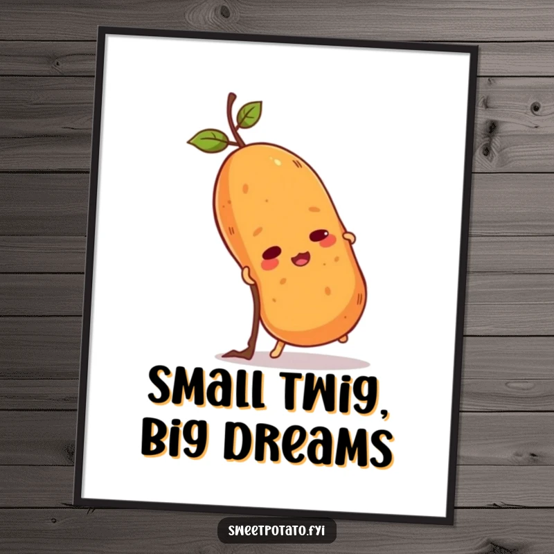 Funny sweet potato digital art print of a determined spud climbing a twig. High-resolution, humorous, and inspiring for any viewer.