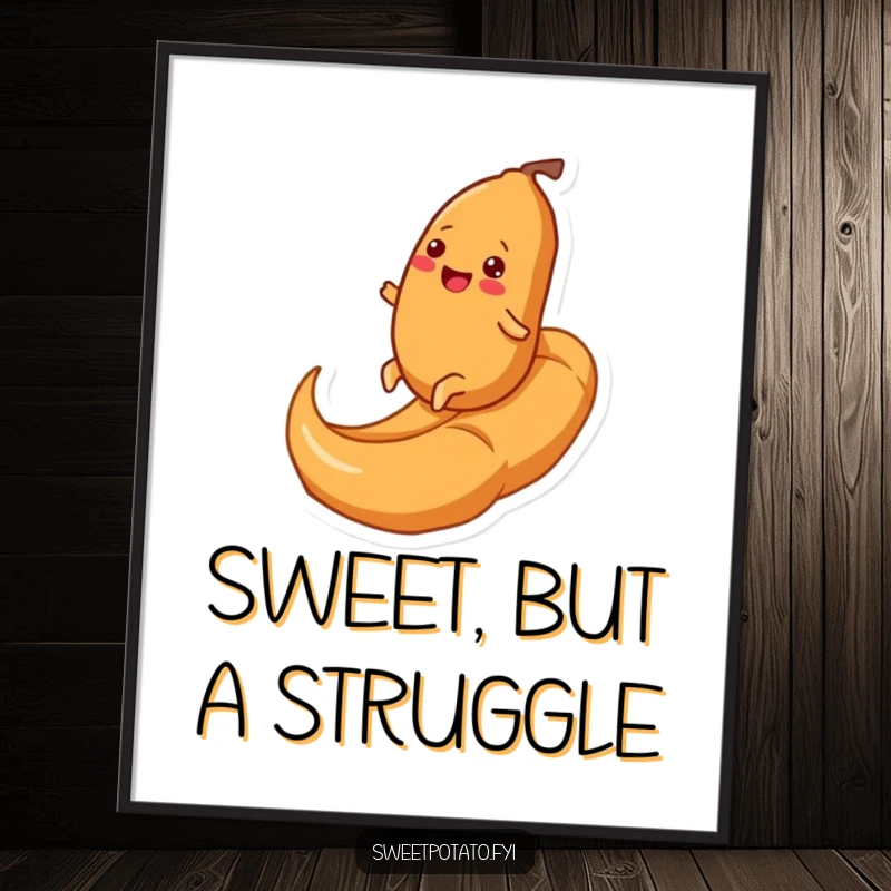 Funny digital art print of a cheerful sweet potato character joyfully rolling up a massive caramel swirl, delivering instant smiles and humorous vibes.