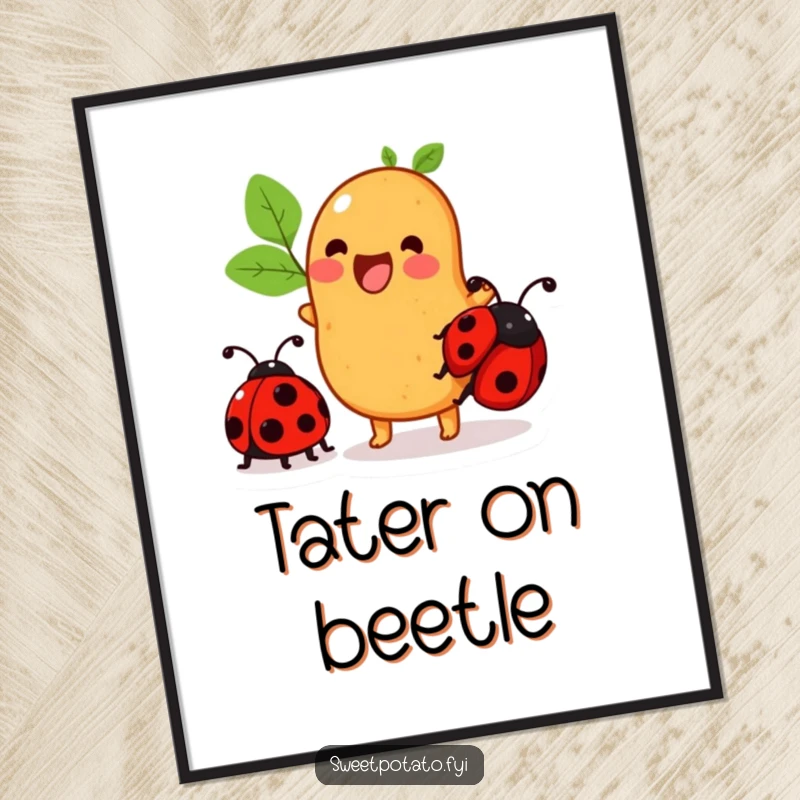 Funny sweet potato digital art print of a character excitedly trying to ride a ladybug, full of whimsical fun.