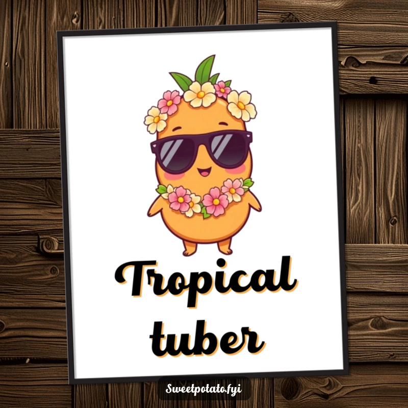 Funny digital art print: A sweet potato character wears sunglasses and a lei, exuding a relaxed and stylish vacation aura.