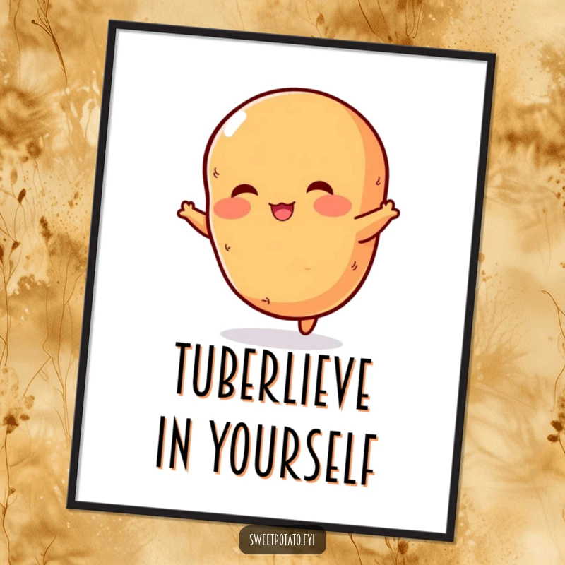 Funny digital art print of a rosy-cheeked sweet potato performing an energetic jump, radiating happiness and potato vigor.