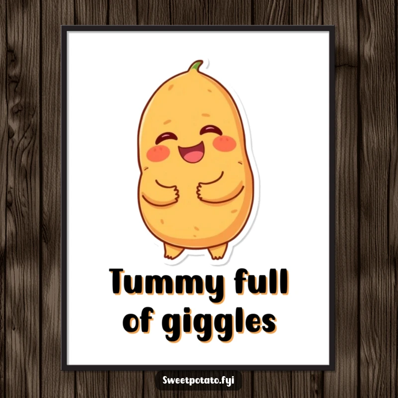 Funny giggling sweet potato digital art print, a cartoon sweet potato holding its tummy and laughing, perfect for instant, cheerful wall decor.
