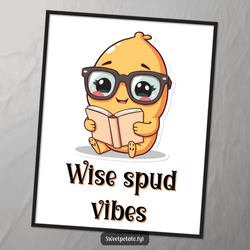 Funny digital art print of a sweet potato character in oversized glasses, giggling while engrossed in reading.