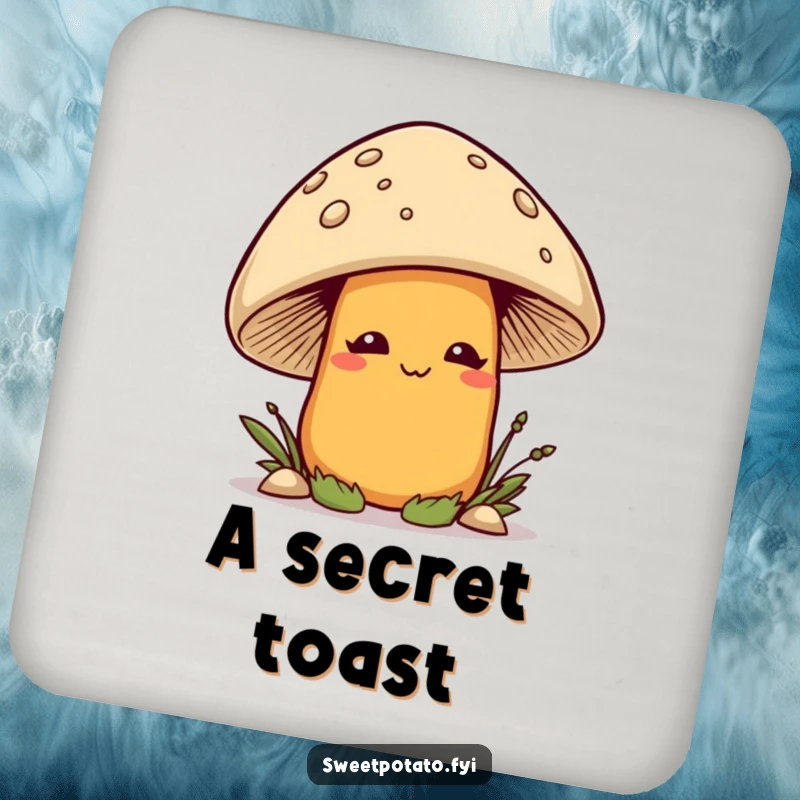 Funny smirking sweet potato character playfully peeking out from behind a mushroom, on a set of humorous drink coasters.