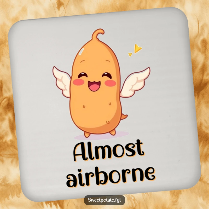 Funny drink coaster featuring a smiling sweet potato character trying to sprout tiny wings, adding a touch of hopeful humor to any surface.
