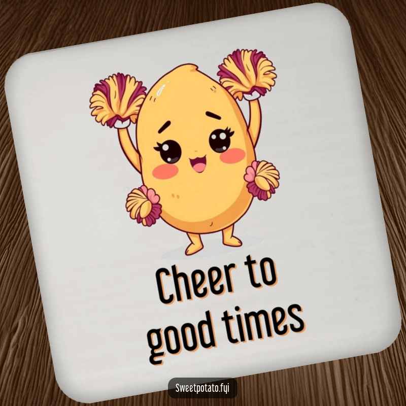 Funny sweet potato drink coaster featuring a determined character with pom-poms, protecting surfaces with energetic and humorous motivation.