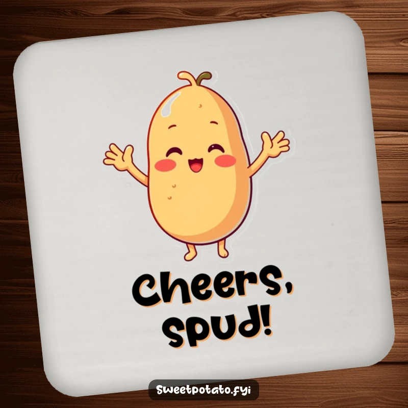 Funny drink coaster featuring a cheerful sweet potato character with tiny arms, ready to protect surfaces with a smile.