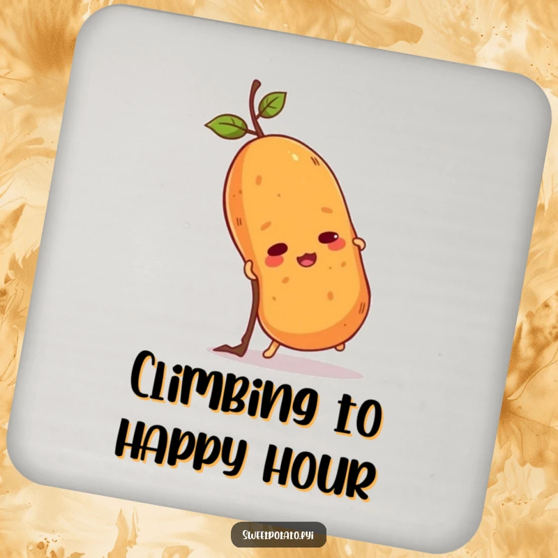 Funny sweet potato coaster with a determined spud climbing a twig. Protects surfaces with a humorous and motivational design.