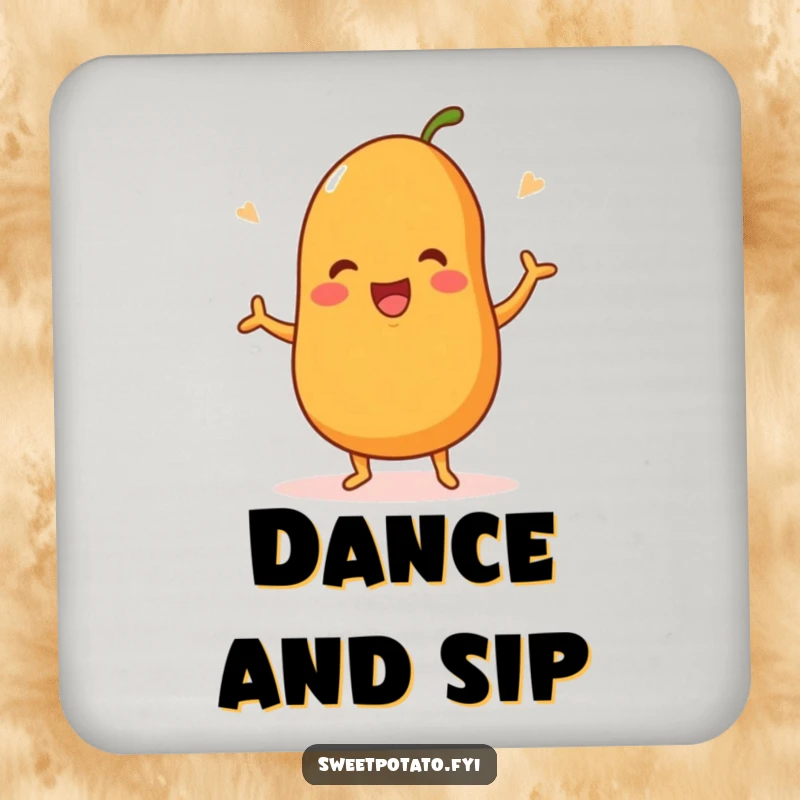 Funny coasters featuring a sweet potato character doing a happy dance, adding cheerful energy and humor to tables.