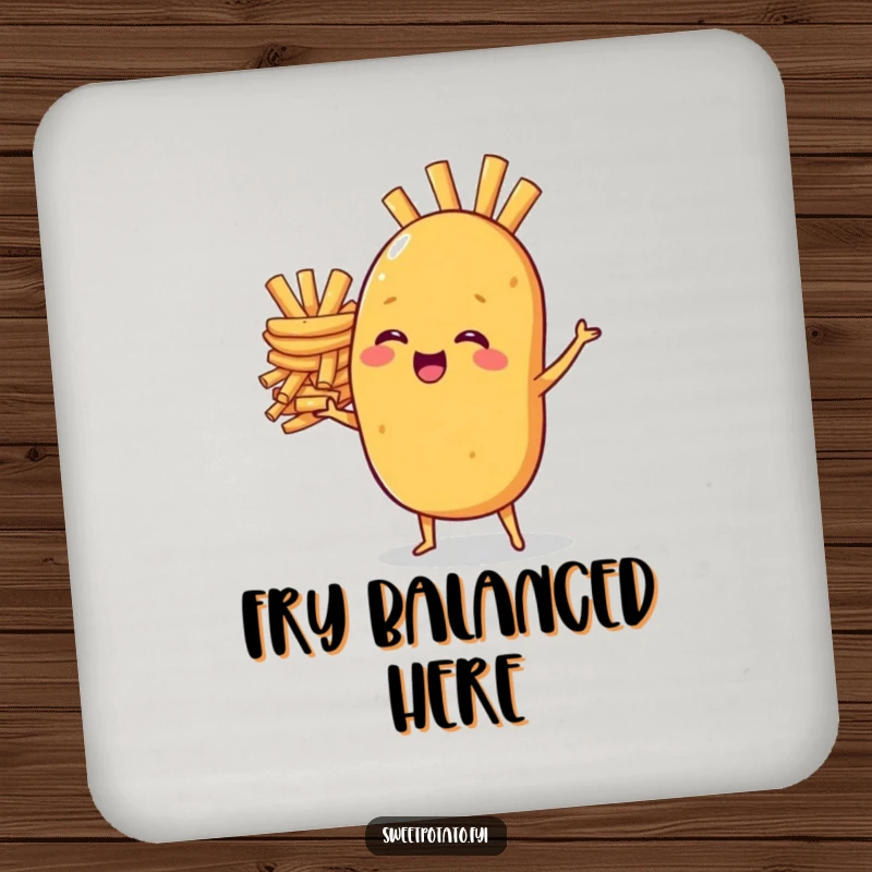 Funny coaster: A sweet potato character giggles while balancing a pile of french fries, protecting surfaces with a touch of humor.