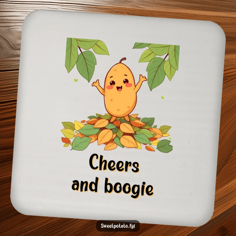 Funny cheerful sweet potato character happily dancing on a pile of leaves, on a set of humorous drink coasters.