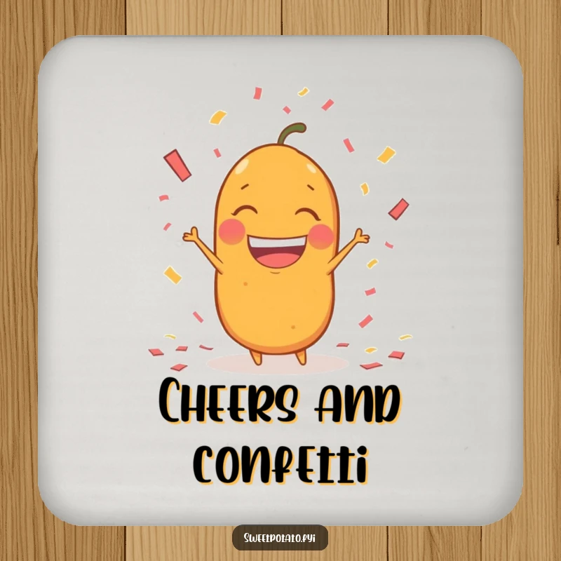 Funny sweet potato character coaster, throwing confetti with a huge, excited grin, protecting surfaces with festive art.