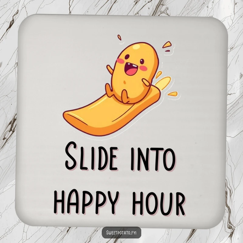 Funny sweet potato character zooming down a crisp slide, a humorous coaster for drinks.