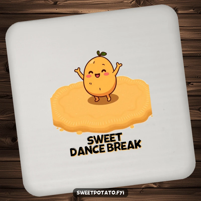 Funny sweet potato character doing a happy little dance on a bed of brown sugar, a set of charming and funny coasters.