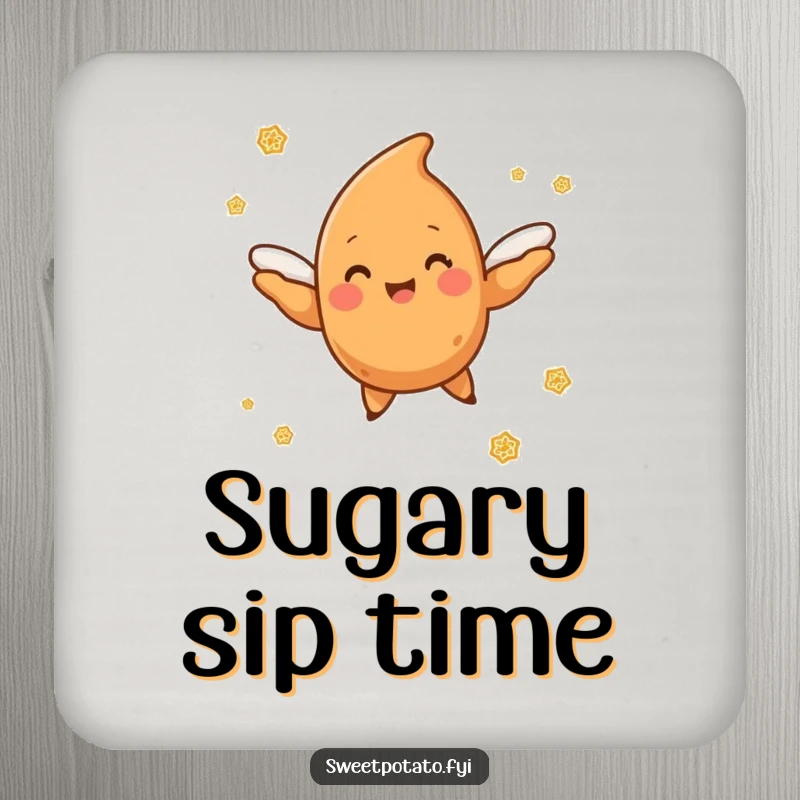 Funny sweet potato character with tiny wings flying through a cloud of cinnamon sugar, a set of charming coasters.