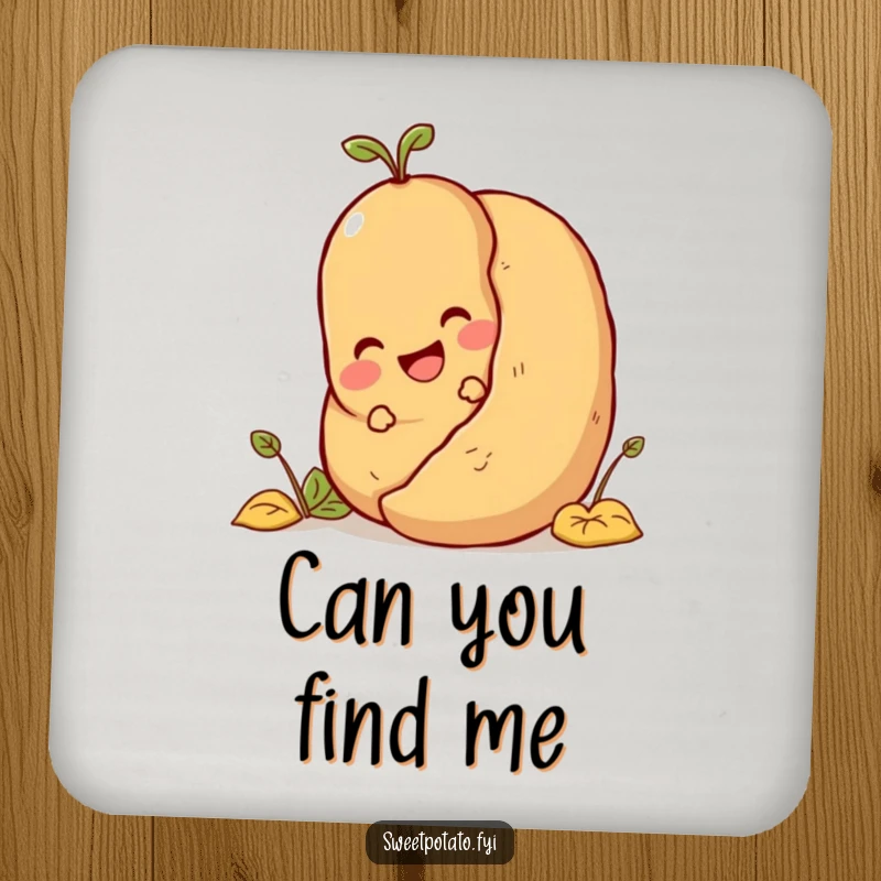 Funny sweet potato character playing hide-and-seek, a humorous coaster for drinks.