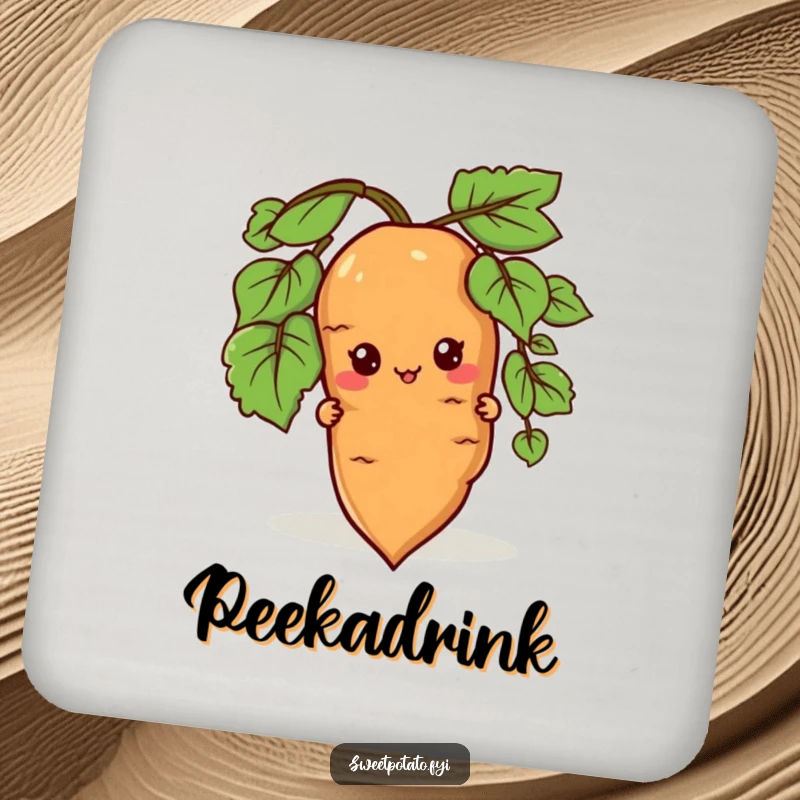 Funny coasters featuring a sweet potato character peeking from behind a root, adding playful mystery and humor to tables.