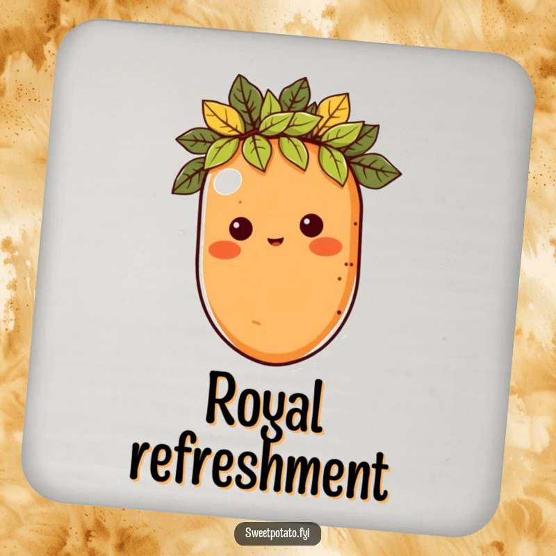 Funny coasters featuring a sweet potato character wearing a crown of leaves, adding regal charm and humor to tables.