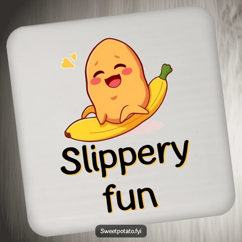 Funny sweet potato character slipping comically on a banana peel, a humorous and protective drink coaster.