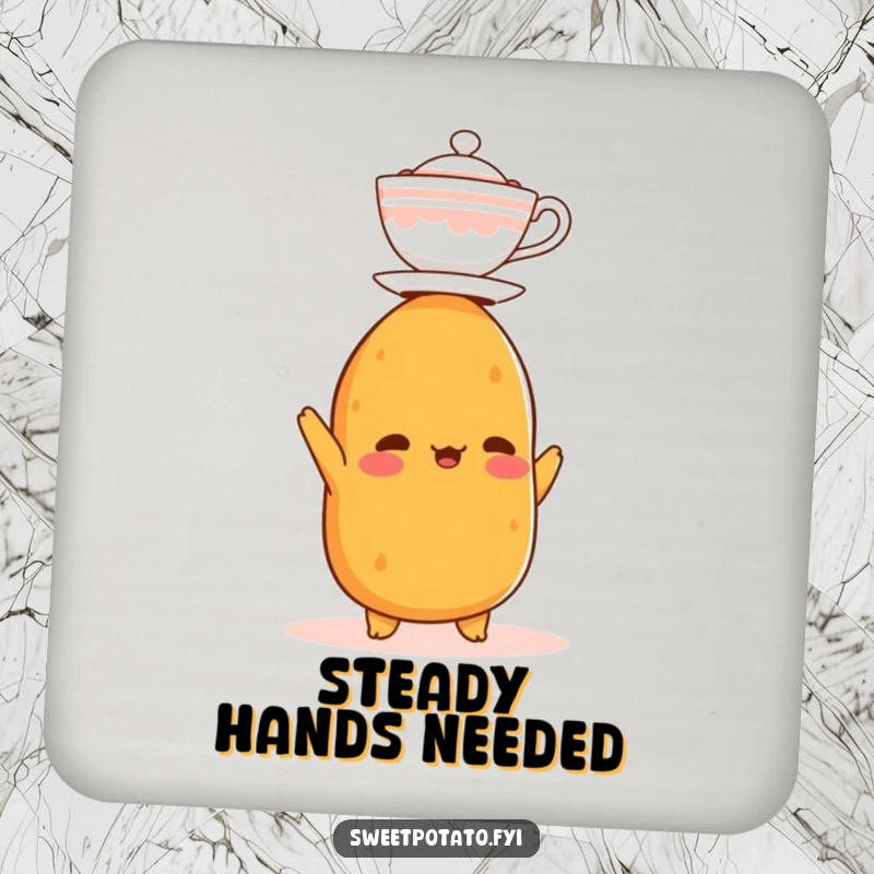 Funny drink coaster featuring a sweet potato character balancing a small teacup on its head, protecting furniture with humor.