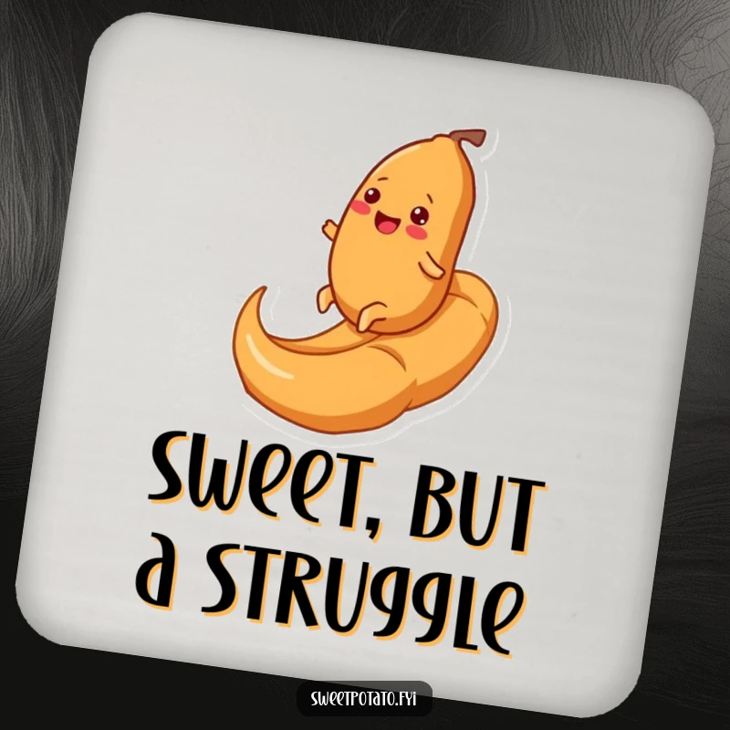 Funny drink coaster featuring a cheerful sweet potato character rolling up a gooey caramel swirl, protecting tables with a smile and humor.