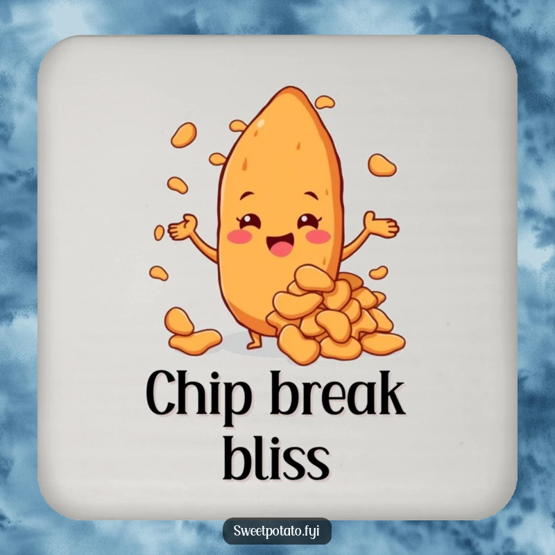 Funny sweet potato character beaming with pride, presenting a giant pile of sweet potato chips, a set of proud coasters.